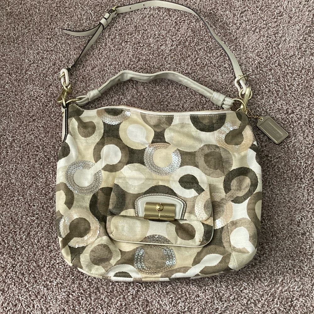 Like NEW Vintage Coach Op-Art Cream, Beige, & Brown Sequin-Embellished Boho Bag